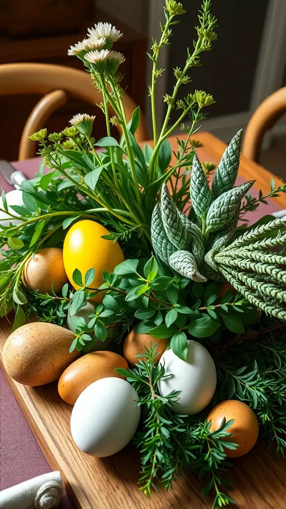 A vibrant Easter table arrangement featuring greenery and colorful eggs.