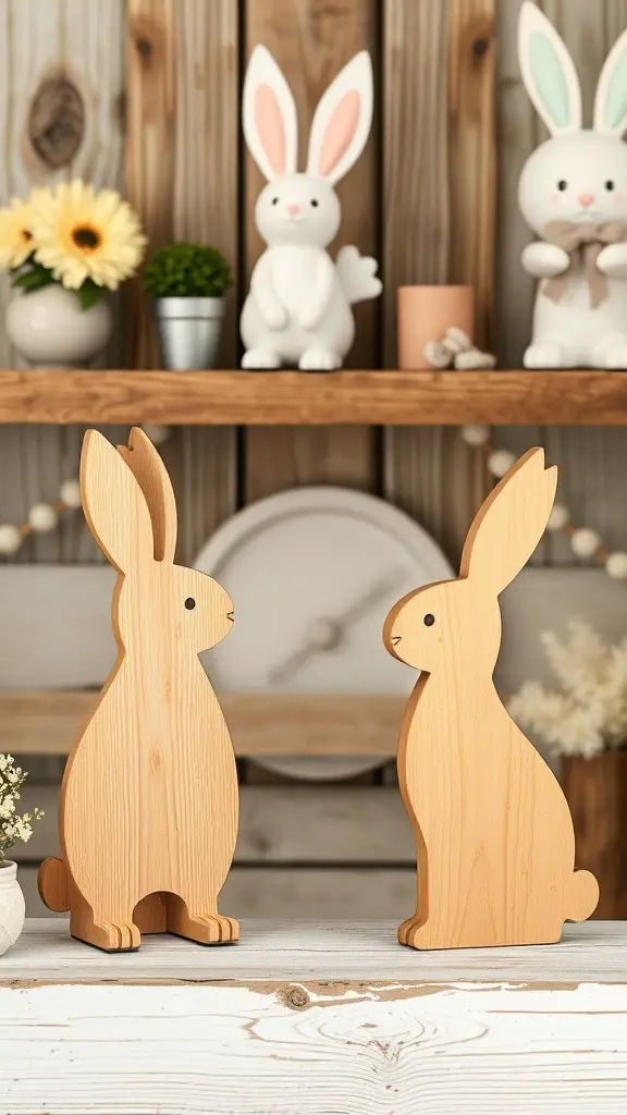 Two wooden bunny silhouettes on a rustic table with a shelf in the background