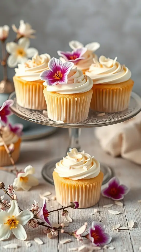 Vanilla almond blossom cupcakes on a decorative stand with flowers