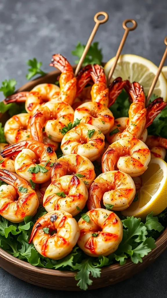 Grilled shrimp skewers garnished with herbs and lemon slices
