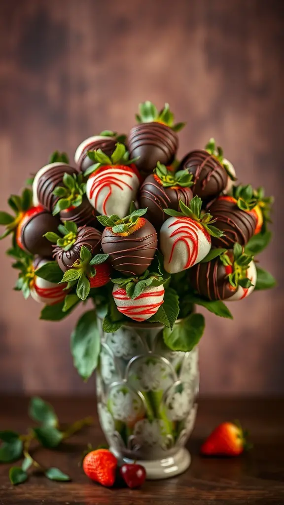 A beautiful bouquet made of chocolate-covered strawberries in a decorative vase.