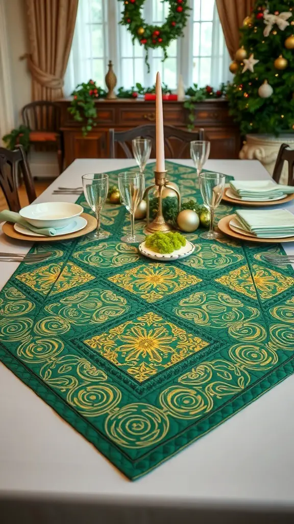 A quilted green table mat with gold patterns set on a dining table decorated for St. Patrick's Day.