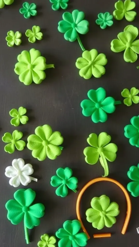 A collection of green and white shamrock shapes, some attached to hair accessories.