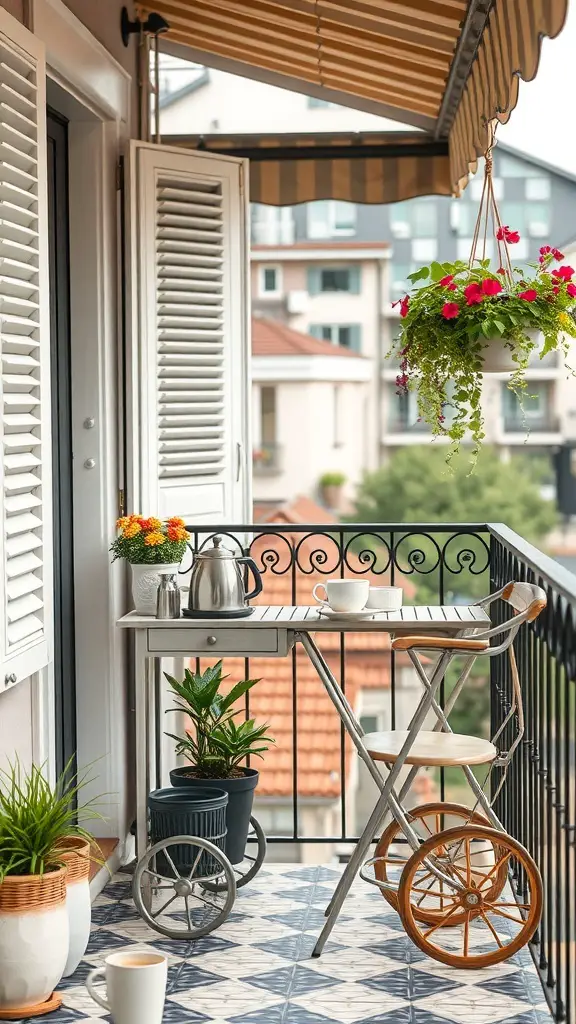 A cozy balcony coffee bar with a small table, chairs, and potted plants.