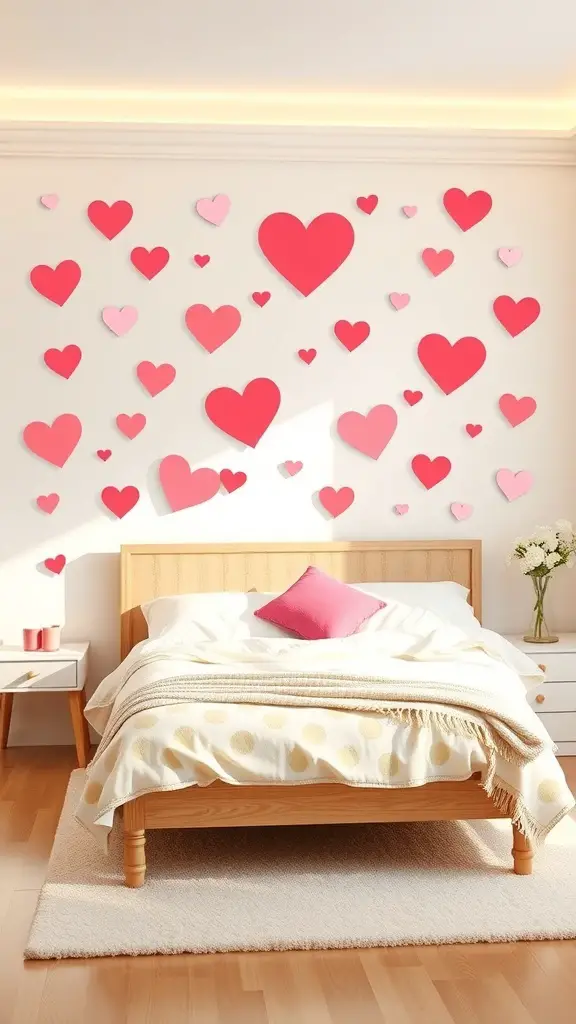 A bedroom with a wall decorated with red and pink heart wall decals.