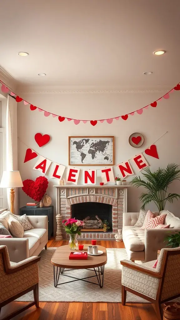 29+ Charming Vintage Valentine Decorations for Your Home 15 A cozy living room decorated with retro Valentine banners and heart-shaped decorations.