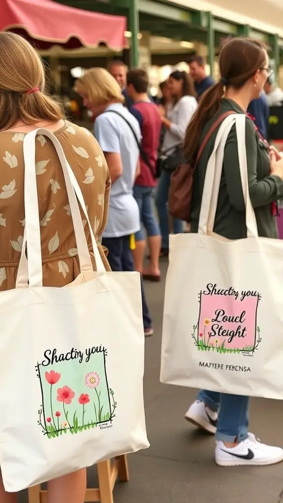 People walking with personalized tote bags featuring spring flower designs.