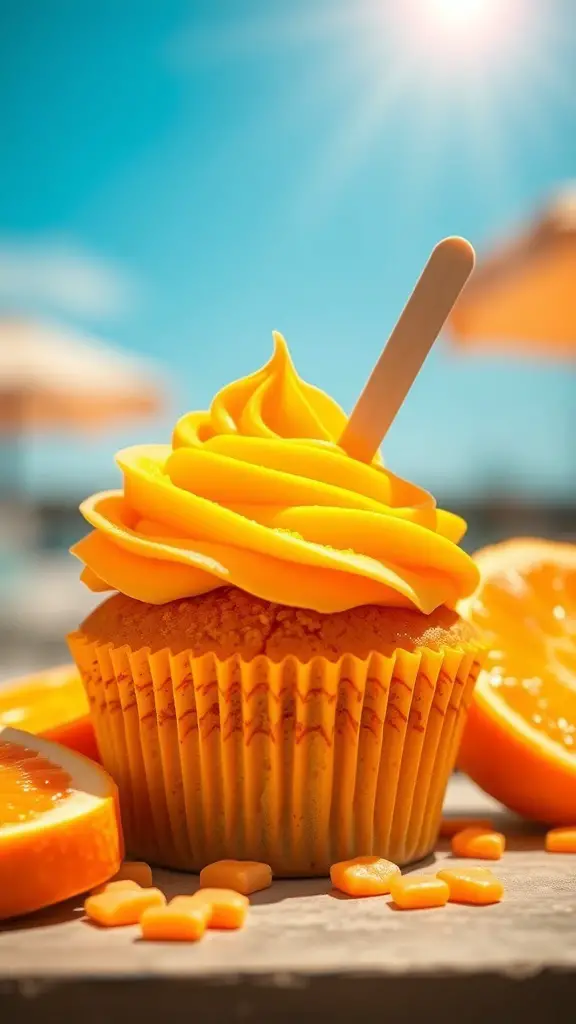 A vibrant orange cupcake topped with orange frosting, surrounded by orange slices and candy pieces, under a bright sunny sky.