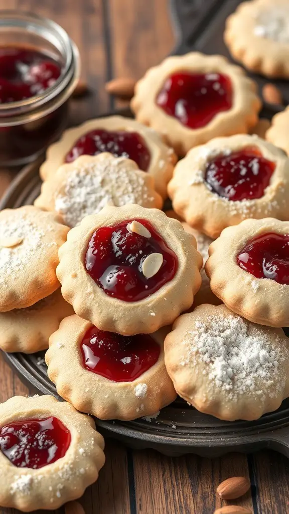 A plate of almond sugar cookies topped with cherry jam and powdered sugar.