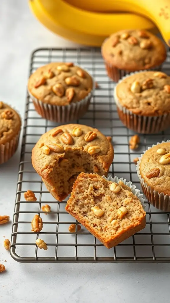 45+ Creative Mother's Day Brunch Ideas 4 Freshly baked banana nut muffins on a cooling rack with bananas in the background.