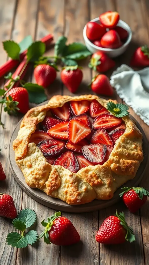 A delicious Strawberry Rhubarb Galette surrounded by fresh strawberries and rhubarb on a wooden table.