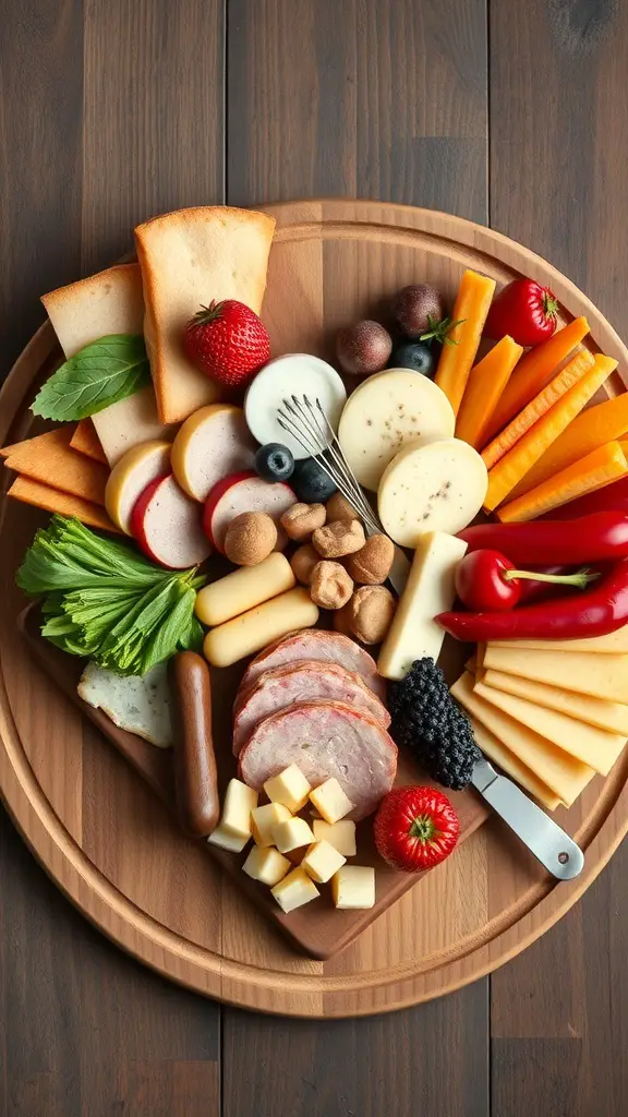 A heart-shaped charcuterie board featuring various cheeses, meats, fruits, and vegetables.