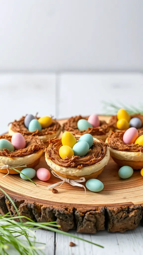 45+ Delightful Easter Desserts You Must Try This Year 3 A platter of coconut macaroon nests decorated with pastel candy eggs.