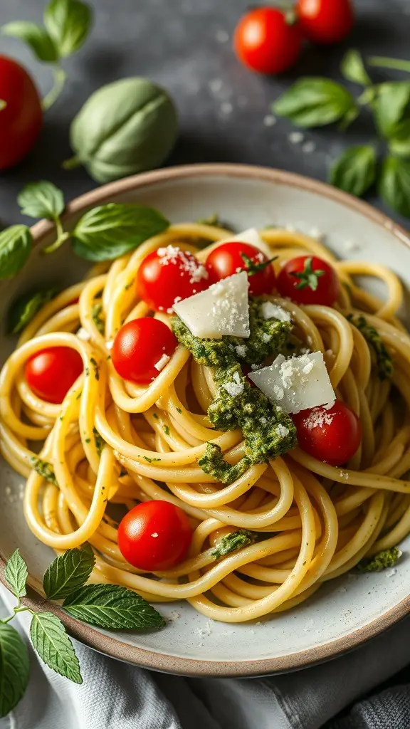 49+ Delicious Spring Breakfast Ideas to Brighten Your Morning 16 A plate of zucchini noodles topped with pesto and cherry tomatoes, garnished with herbs.