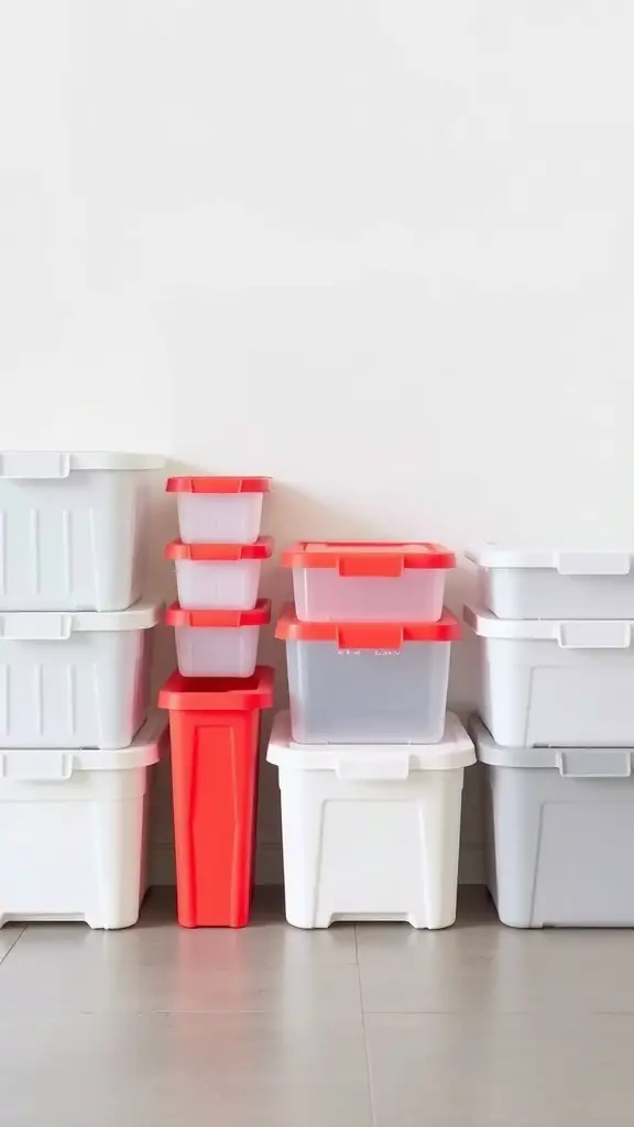 A variety of plastic storage boxes in different sizes and colors, neatly arranged.