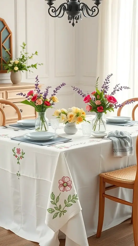 A beautifully set dining table with a linen tablecloth featuring floral embroidery, complemented by fresh flower arrangements in vases.