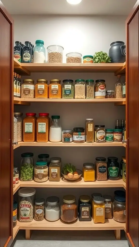 29+ Creative Small Pantry Ideas to Maximize Space 13 Organized pantry with tiered shelving displaying jars and containers