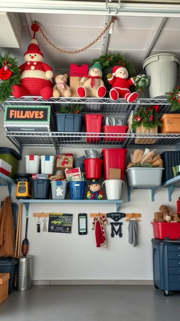 Overhead garage storage with seasonal items and colorful bins
