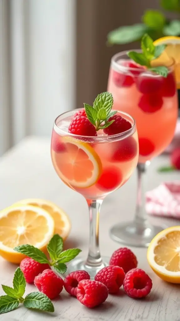 Two glasses of Raspberry Lemonade Spritzers with raspberries and lemon slices