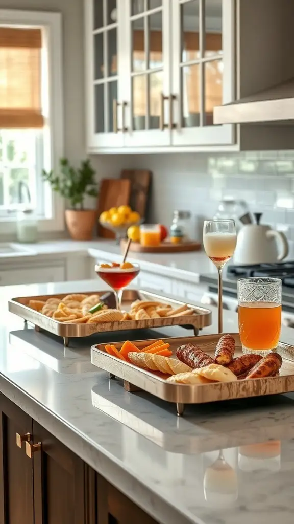 29+ Stunning Kitchen Countertop Decor Ideas 14 Decorative serving trays with snacks and drinks on a kitchen countertop