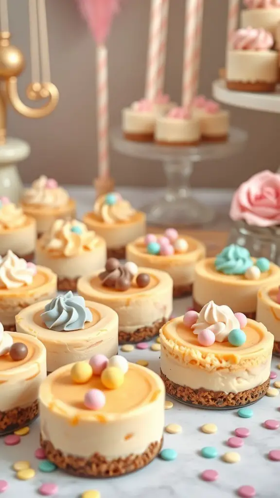 45+ Delightful Easter Desserts You Must Try This Year 5 A variety of mini cheesecakes decorated for Easter with colorful toppings and candy eggs.