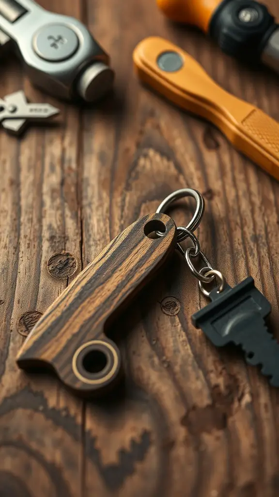 A handcrafted wooden keychain on a wooden surface surrounded by tools.
