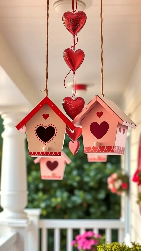 Colorful lovebird birdhouses hanging on a porch, decorated for Valentine's Day.