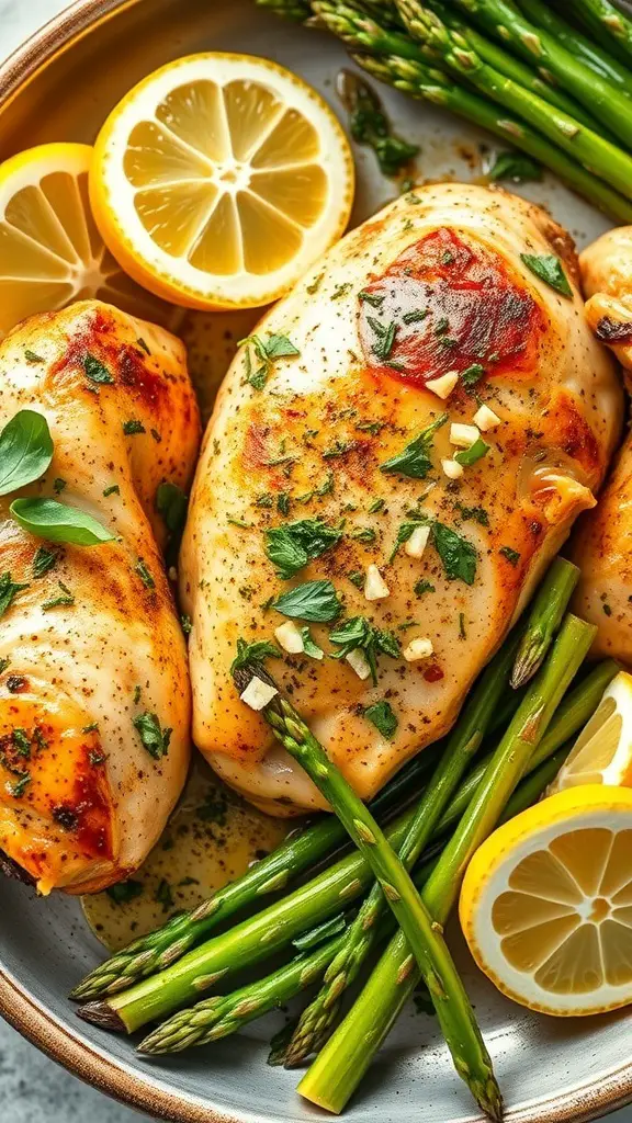Baked Lemon Garlic Chicken with asparagus and lemon slices