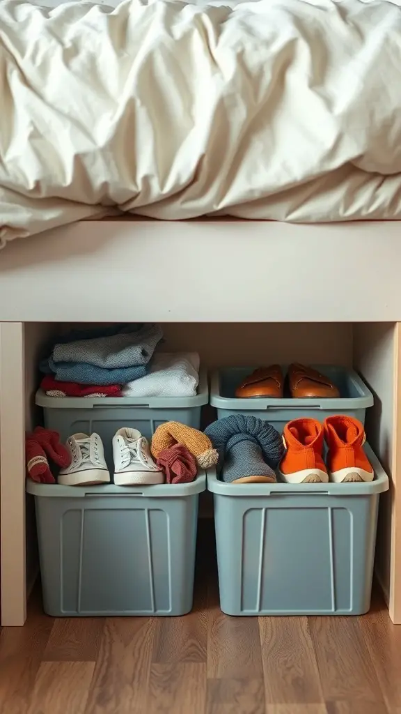 Plastic bins under a bed filled with clothes and shoes