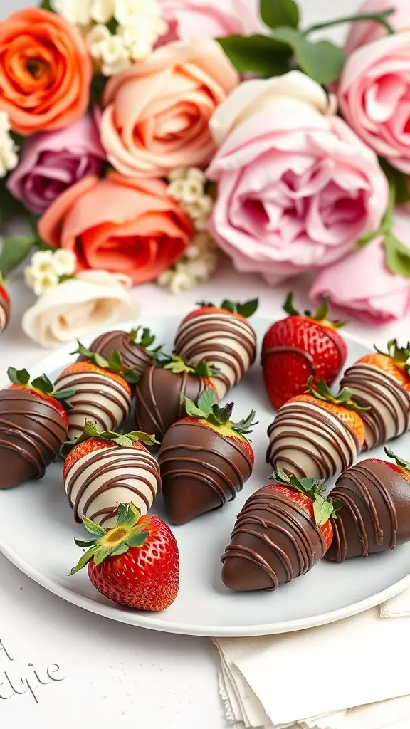 A plate of chocolate-dipped strawberries with a variety of designs, surrounded by colorful roses.