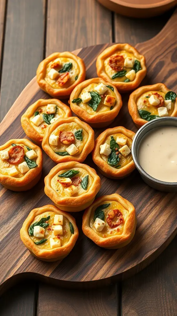 A wooden platter with mini spinach and feta pies, served with a dipping sauce.