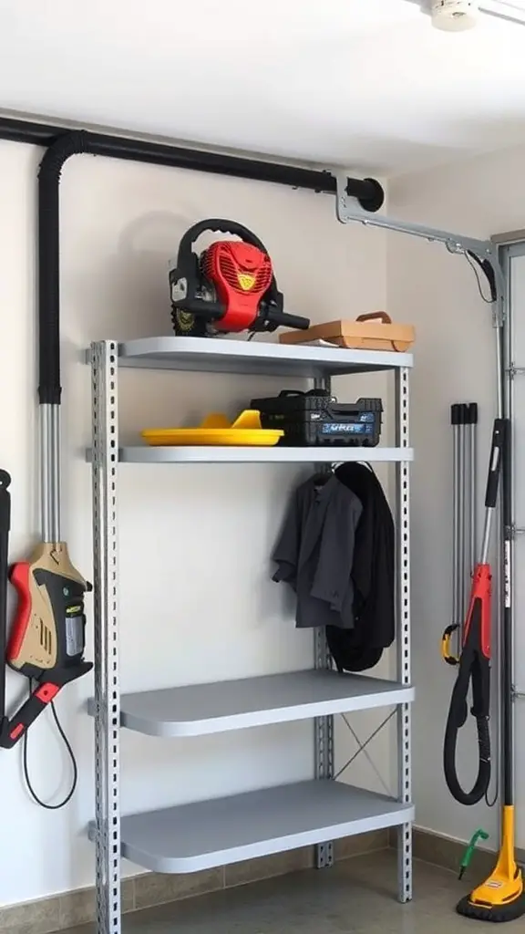Organized storage area with a weedeater mounted on the wall and shelves for tools.