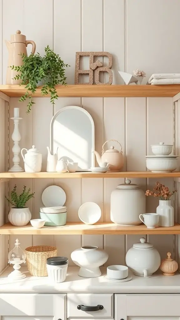 A shelf displaying pastel colored kitchenware and decor items in a farmhouse style.