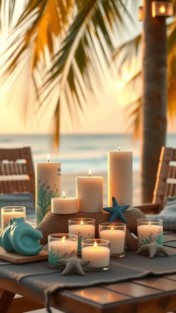 A collection of ocean-inspired candles on a table with a beach background