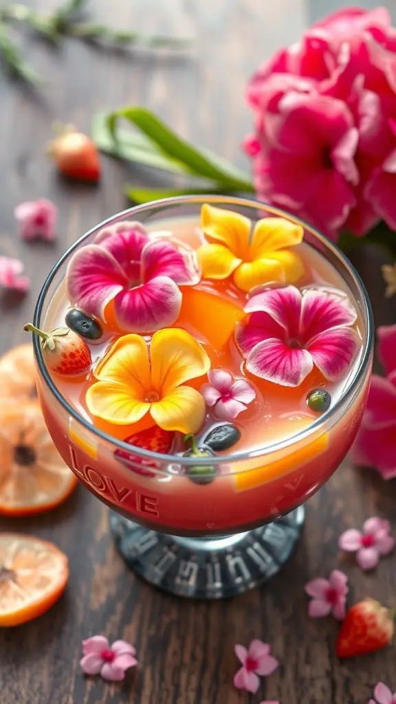 A colorful tropical punch garnished with flowers and fresh fruits, perfect for Valentine's Day.