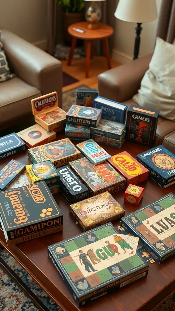 A collection of various board games displayed on a table, ready for a game night.