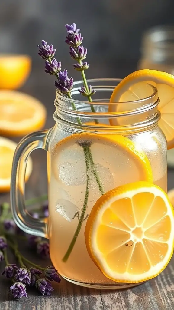 A refreshing glass of Lavender Honey Lemonade with lemon slices and lavender sprigs