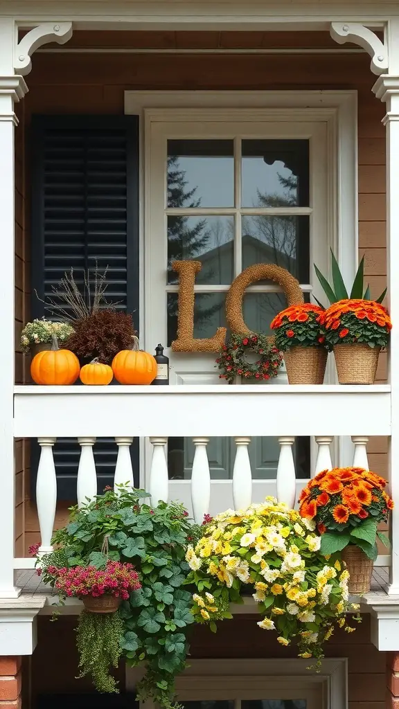 23+ Stylish Mini Balcony Ideas 16 A mini balcony decorated with flowers and pumpkins for fall.