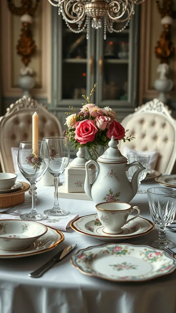 A beautifully set vintage inspired table with floral china, glassware, and a floral centerpiece.