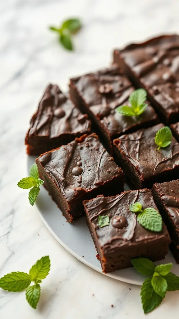 A plate of chocolate mint brownies cut into squares, garnished with fresh mint leaves.