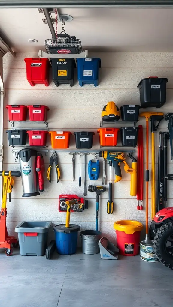29+ Creative Bin Organization Ideas 9 Organized garage with colorful bins and tools on the wall