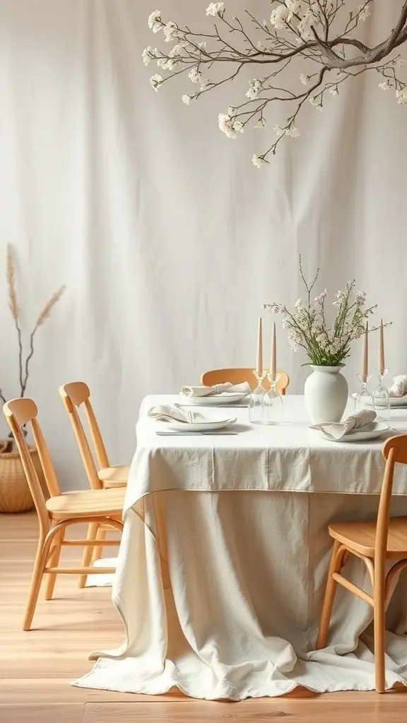 A spring tablescape featuring a natural linen tablecloth, wooden chairs, and floral arrangements.