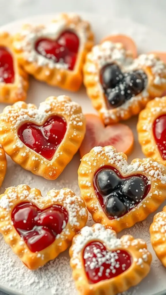 Heart-shaped puff pastry treats filled with fruit preserves and dusted with powdered sugar.