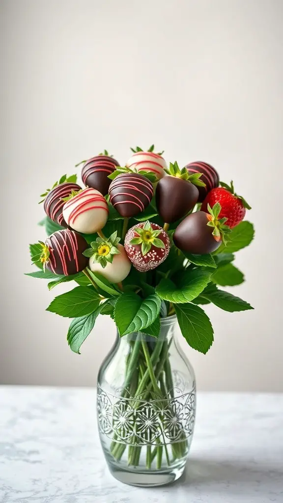 A bouquet of chocolate-covered strawberries arranged in a vase.