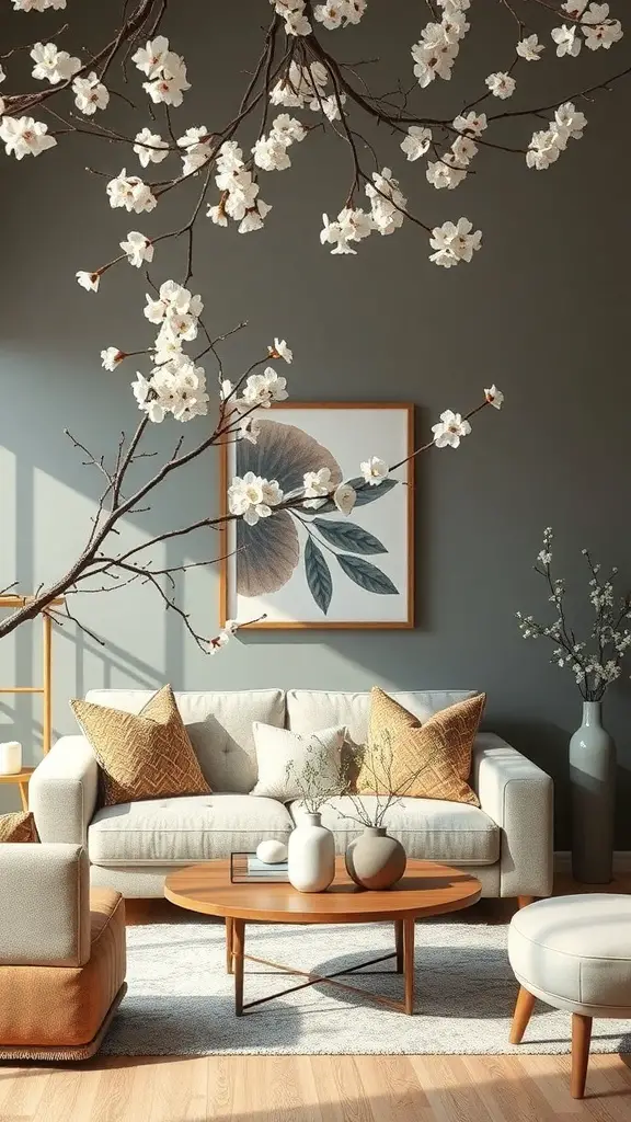 A cozy living room with cherry blossom branches, neutral furniture, and a warm color palette.