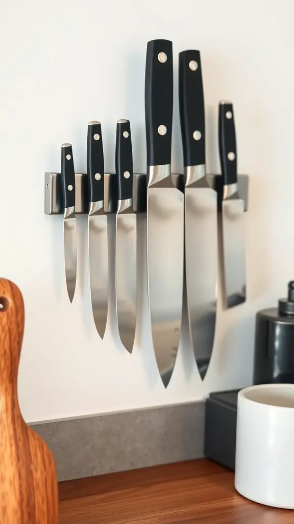 A magnetic strip on a wall holding several kitchen knives.