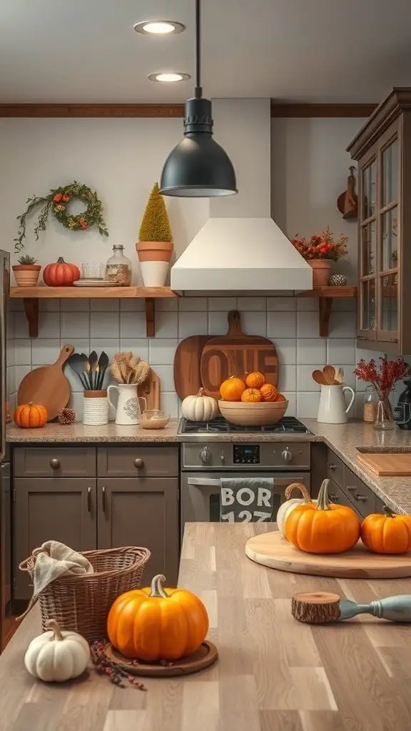 A cozy kitchen decorated with pumpkins and fall elements, showcasing seasonal decor.