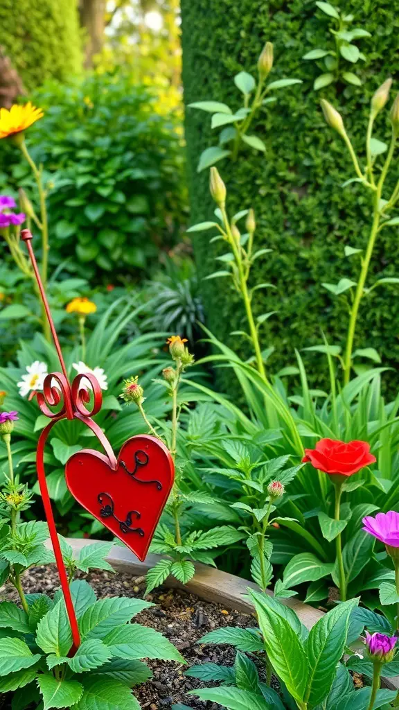 A heart-shaped garden stake in a flower bed surrounded by vibrant plants.