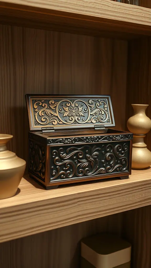 A beautifully crafted wooden keepsake box with intricate designs, displayed on a wooden shelf next to decorative vases.