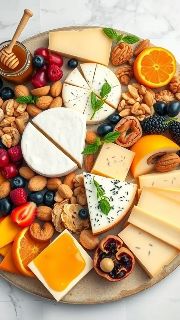 A colorful fruit and cheese charcuterie board featuring various cheeses, fruits, nuts, and honey.